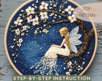 Mystical Fairy Under Blossoms Embroidery | Night Sky Hand Embroidery PDF | Enchanted Fairy Hoop Art