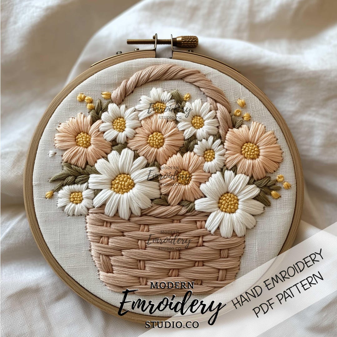 Flower Basket Embroidery | Daisy Meadow Hoop Pattern | Rustic Basket ...