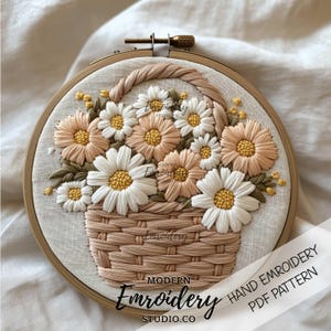 フラワーバスケット刺繍 | デイジーメドウフープパターン | 素朴なバスケット刺繍 PDF | 花の手刺繍 | DIY クラフトギフト