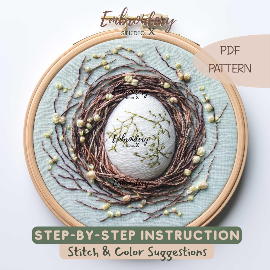 Easter Egg in Nest Embroidery Pattern | Rustic Spring Stitch PDF ...