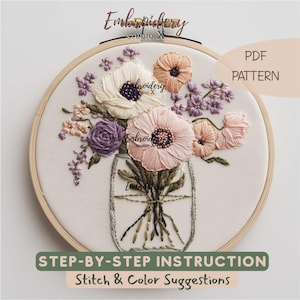 Mason Jar Bouquet Embroidery Pattern | Glass Jar Floral PDF Design | Hand Embroidery Art for Summer Stitching