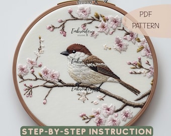 Chickadee and Cherry Blossoms Embroidery Pattern | Bird Hand Embroidery PDF | Sakura Hoop Art for DIY Stitching & Gifts
