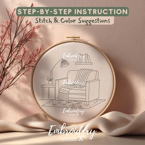 居心地の良い読書コーナーの刺繍PDFパターン｜椅子、本、ブランケット、ランプを使った簡単モダンなフープアート｜初心者向けミニマルステッチデザイン 画像 5