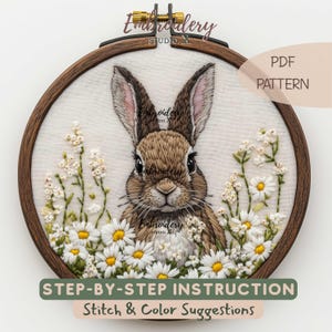Easter Bunny in Daisy Field Embroidery Pattern | Spring Rabbit PDF Design | Floral Hand Embroidery PDF | Cute Pastel Hoop Art