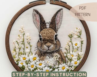 Patrón de bordado de conejito de Pascua en campo de margaritas / Diseño de conejo de primavera en PDF / Bordado floral a mano en PDF / Lindo arte de aro en colores pastel