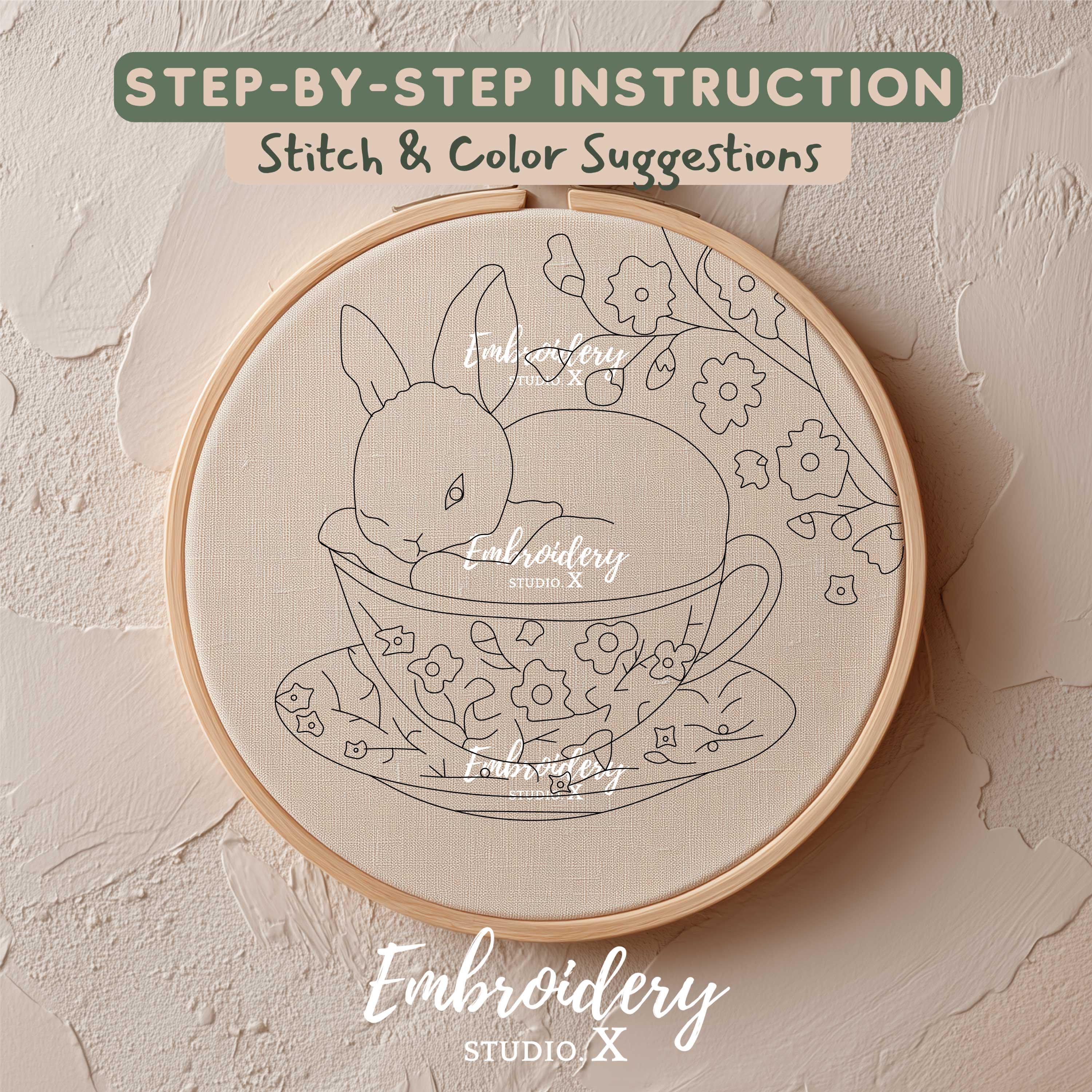 Easter Bunny in Teacup Embroidery Pattern | Floral Spring PDF Design ...