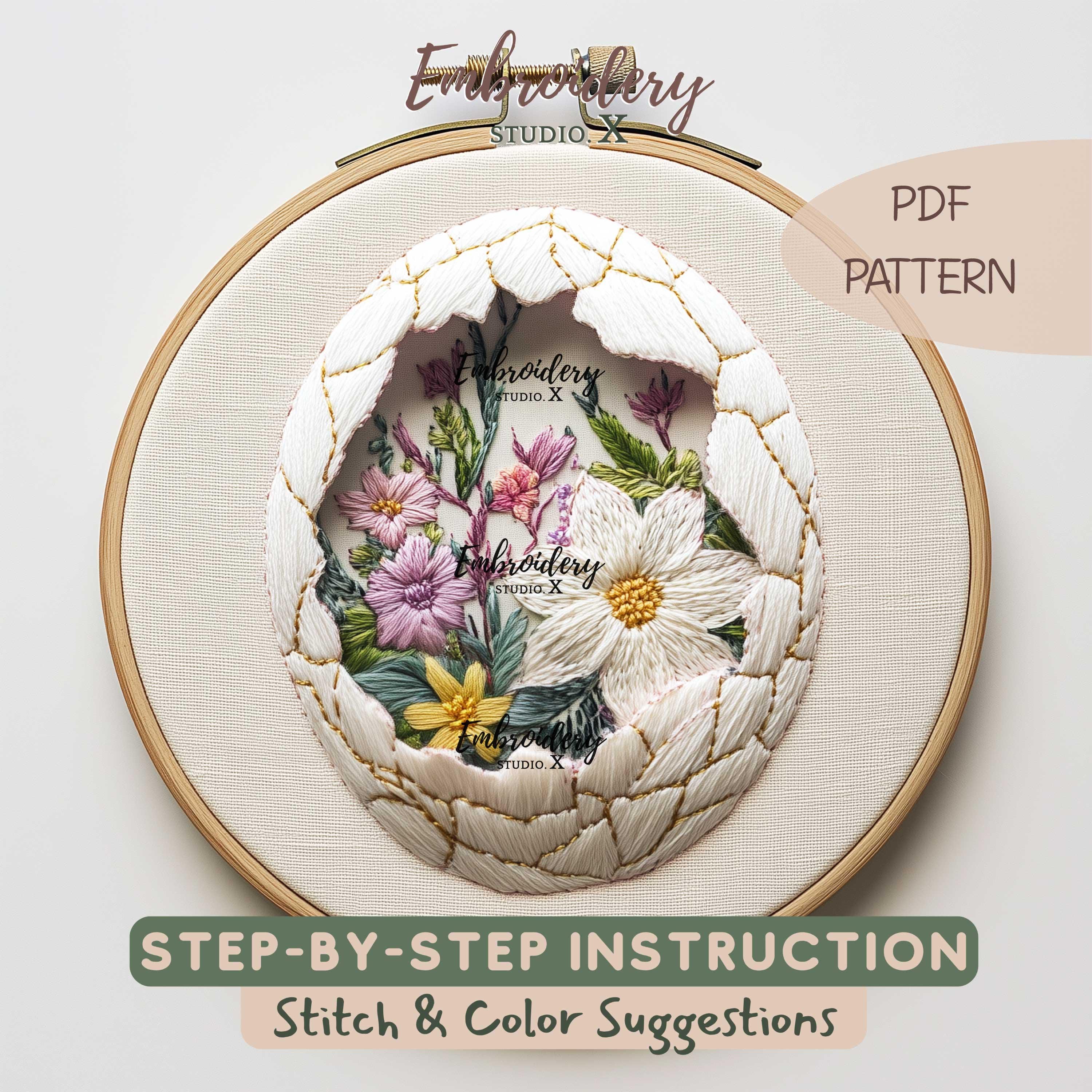 Cracked Easter Egg Embroidery Pattern With Wildflowers | Floral Spring ...
