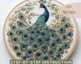 Peacock Embroidery Pattern | Festive Bird Hand Embroidery PDF | Ornate DIY Hoop Art & Digital Needlework for Nature Stitching