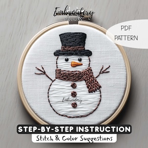 ハッピースノーマン刺繍PDFパターン - 初心者向け刺繍DIY冬の装飾と、新年とクリスマスプロジェクトのためのクリエイティブな手刺繍