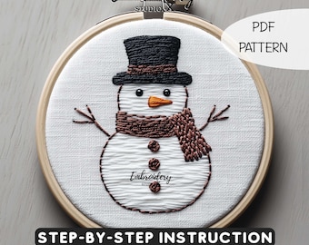 Happy Snowman Embroidery PDF Pattern - Beginner Embroidery DIY Winter Decor and Creative Hand Embroidery for New Year and Christmas Projects