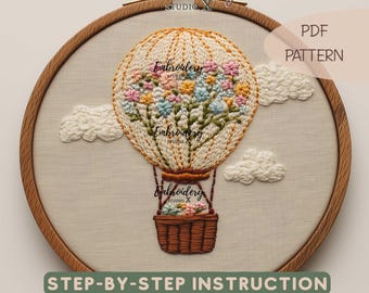 Floral Hot Air Balloon Embroidery Pattern PDF | World Happiness Day Hand Embroidery Design | DIY Whimsical Stitch Template