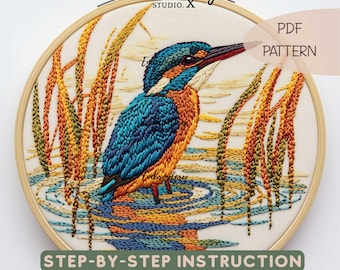 Kingfisher Embroidery Pattern | Colorful Bird Hand Embroidery PDF | Nature-Inspired DIY Hoop Art & Wildlife Stitching Design