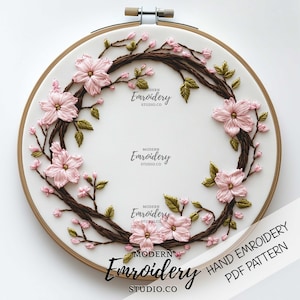 ピンクの桜の花輪刺繍 - バレンタインデーの装飾や夏のプロジェクトのための桜の刺繍デザイン