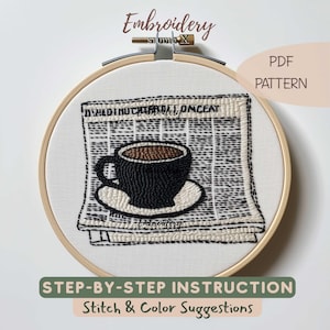 Coffee Cup and Newspaper Embroidery PDF Pattern | Easy Blackwork Stitch for Beginners | Minimal Modern Hoop Art Design for Cozy Home Decor