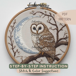 Patrón de bordado de búho y luna / Bordado celestial a mano en PDF / Arte de aro de bosque para costura DIY y costura de fantasía