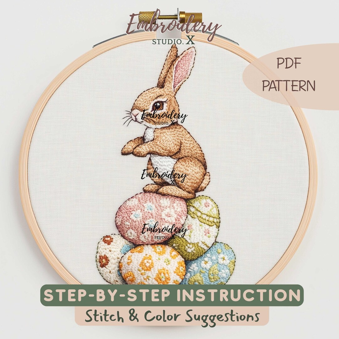 Easter Bunny Embroidery Pattern Sitting on Eggs | Colorful Spring PDF ...