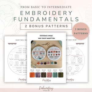 May include: Embroidery fundamentals guide with two bonus patterns. The image shows embroidery hoops with stitch examples, color suggestions, and a variety of embroidery floss. The text reads "From Basic to Intermediate".