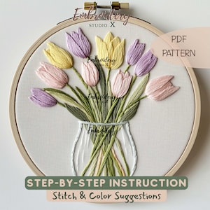 Tulip Bouquet Embroidery PDF Pattern | Spring Floral Design in Glass Jar | Modern Flower Hoop Embroidery for DIY Home Decor Projects