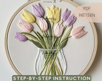 Tulip Bouquet Embroidery PDF Pattern | Spring Floral Design in Glass Jar | Modern Flower Hoop Embroidery for DIY Home Decor Projects