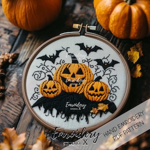 Jack-o’-Lantern Family Embroidery Pattern | Easy Beginner Halloween Hoop Art with Flying Bats | Modern Hand Stitch PDF Template
