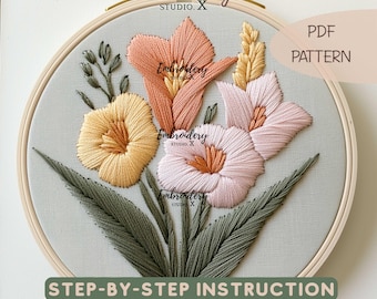 Gladiolus Embroidery Pattern - Spring Gladiolus Flower Hoop Art for Summer Embroidery Projects and Floral DIY PDF