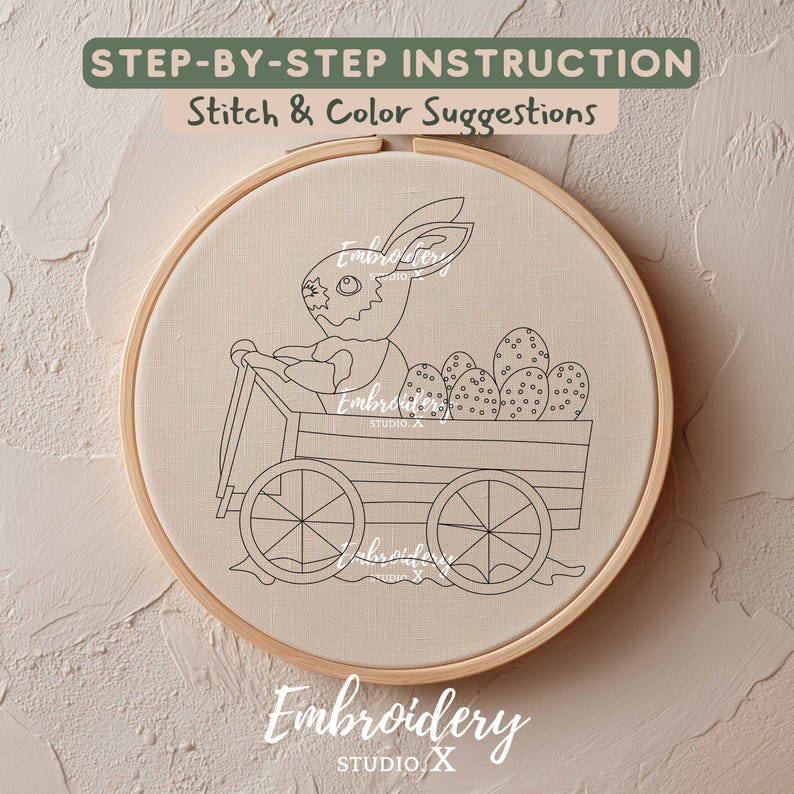 Easter Bunny Embroidery Pattern in Wagon With Eggs | Spring Rabbit PDF ...