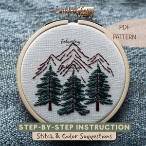 Schema di ricamo di alberi e montagne in PDF / Decorazioni per alberi di Natale e paesaggio innevato adatti ai principianti per progetti fai da te per le feste