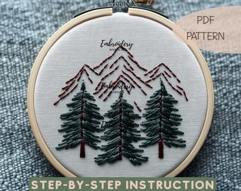 Tree and Mountain Embroidery Pattern PDF | Beginner-Friendly Christmas Tree Decor and Snowy Landscape for DIY Holiday Projects