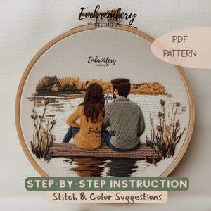 Couple Embroidery Pattern | Autumn Lakeside Scene Sitting on Dock | Romantic Hand Embroidery PDF Design for Friendship Day or Fall Decor