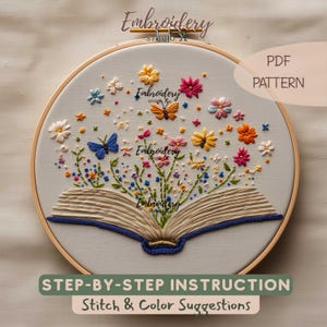 Floral Book Embroidery Pattern PDF | World Happiness Day Hand Embroidery Design | DIY Whimsical Stitch Template with Butterflies