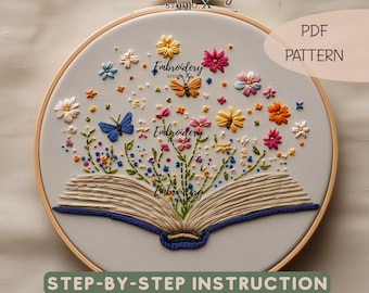Patrón de bordado de libro floral en PDF / Diseño de bordado a mano para el Día Mundial de la Felicidad / Plantilla de punto caprichoso DIY con mariposas