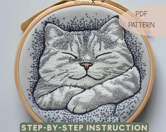 Sleeping Cat Embroidery Pattern | Cozy Kitten Hand Embroidery PDF | DIY Animal Hoop Art & Digital Stitching Design