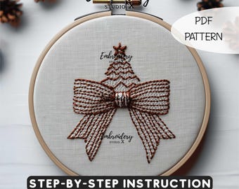 クリスマスのリボンとツリーの刺繍 PDF ファイル - ホリデーギフト、DIY クリスマスアート、お祝いの装飾に使える初心者向け手刺繍デザイン