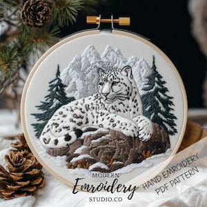 ユキヒョウの刺繍パターン | リアルな大型猫の手刺繍 PDF | 自然にインスパイアされたフープステッチ
