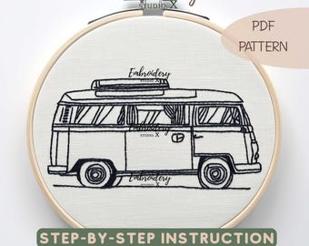 Camper Van Hand Embroidery PDF | Beginner-Friendly Retro Travel Design | Minimal Line Art Hoop for Adventure & Road Trip Lovers