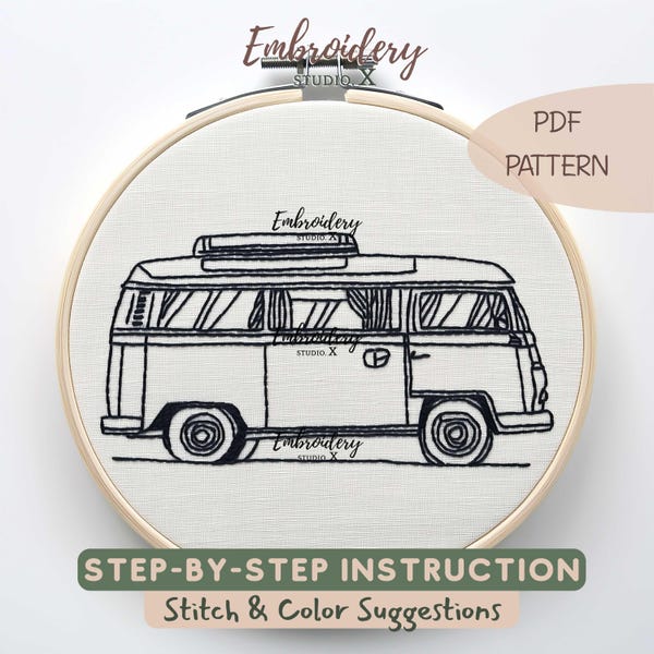Camper Van Hand Embroidery PDF | Beginner-Friendly Retro Travel Design | Minimal Line Art Hoop for Adventure & Road Trip Lovers