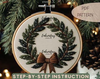 Elegantes Kranz Stickmuster | Plattstich Weihnachtsdesign | DIY Winter PDF für Weihnachtsprojekte