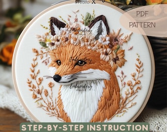 Fox with Flower Crown Embroidery Pattern | Realistic Woodland Animal Hand Embroidery PDF | DIY Nature Hoop Art