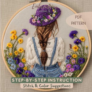 Floral Lady Embroidery | Meadow Flower Hoop Pattern PDF | Realistic Hand Embroidery Design with Flowers
