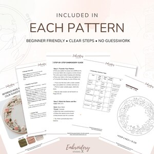 May include: An embroidery pattern set includes a reference image, color suggestions, and a step-by-step guide. The guide features instructions for transferring the pattern and stitching, with a hoop size of 6 inches (15 cm).