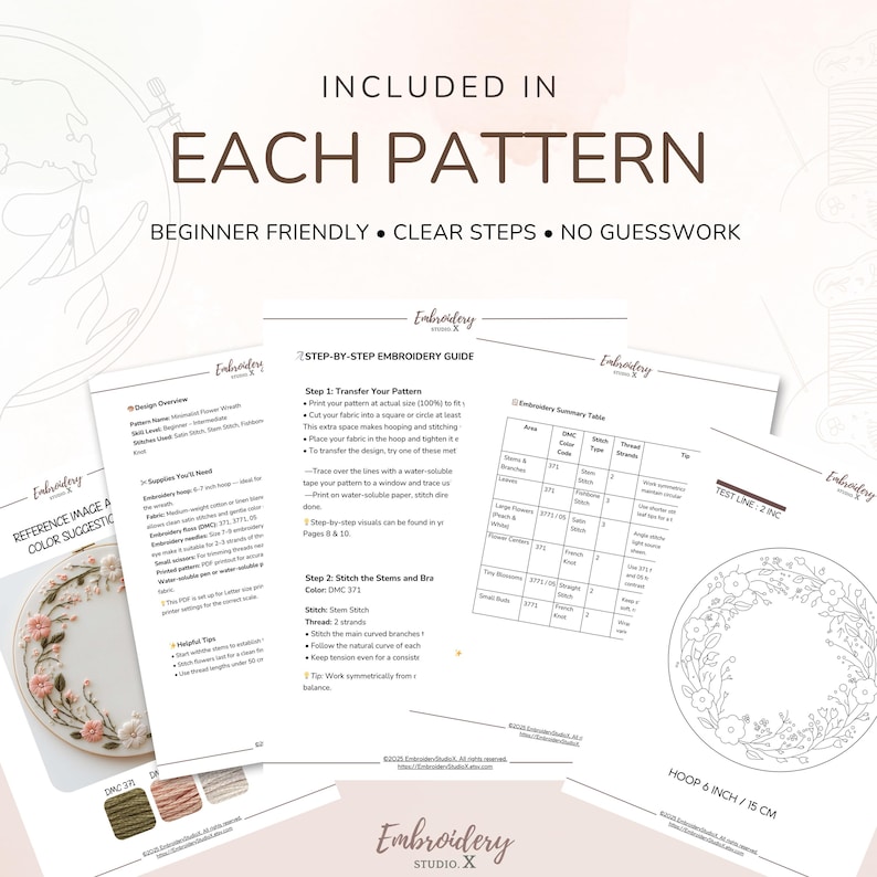 May include: An embroidery pattern set includes a reference image, color suggestions, and a step-by-step guide. The guide features instructions for transferring the pattern and stitching, with a hoop size of 6 inches (15 cm).
