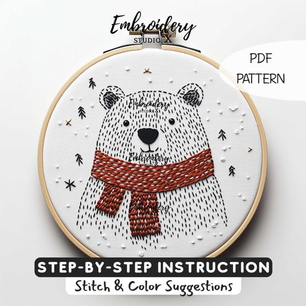 Polar Bear Embroidery Pattern - Beginner Animal Design for Modern Winter Crafts, Perfect DIY Gift, Creative Embroidery PDF for Beginners