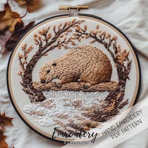 Beaver Embroidery Pattern | Woodland Animal Hand Embroidery PDF | Nature-Inspired DIY Stitching Design for Cozy Hoop Art