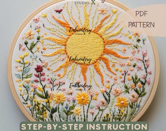 Sunshine & Wildflowers Embroidery | World Happiness Day Stitch Pattern | PDF Hand Embroidery