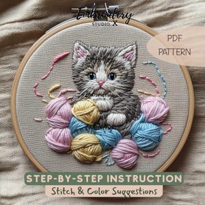 Patrón de bordado de gatito e hilo / Adorable bordado a mano de gato en PDF / Diseño acogedor de arte de aro y costura para manualidades textiles imagen 1