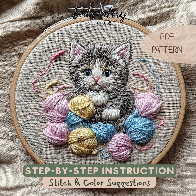 Patrón de bordado de gatito e hilo / Adorable bordado a mano de gato en PDF / Diseño acogedor de arte de aro y costura para manualidades textiles imagen 1