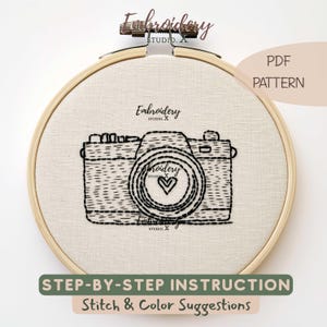 Travel Camera Hand Embroidery Pattern | Simple Line Art PDF | Beginner Hoop Design with Heart Lens for Travelers & Memory Keepers