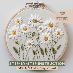 Wild Daisy Meadow Embroidery Design - Floral PDF Pattern for Hoop Art, Flower Embroidery, and Summer Stitching Craft Project