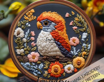 明るい虹色の鳥と花の手刺繍パターンカラフルな花の鳥の刺繍気まぐれな