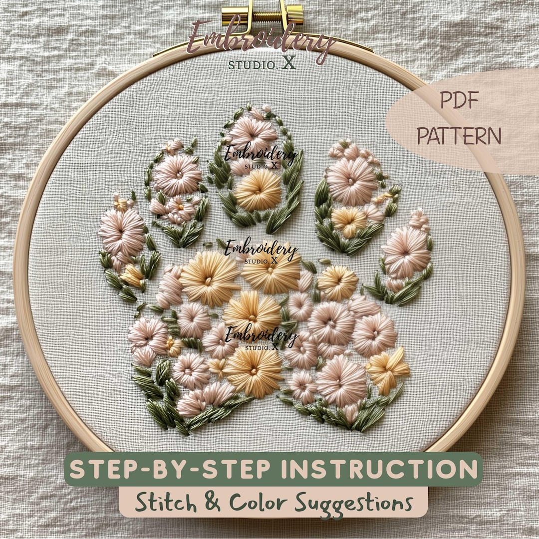 Floral Paw Print Embroidery Pattern - Cat and Dog Inspired Design for ...